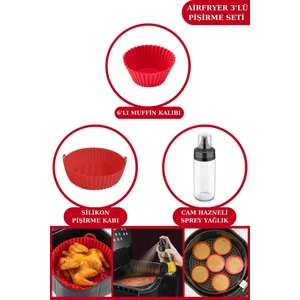 Airfryer Pişirme Kabı, 6’lı Muffin Kek Kalıbı ve Sprey Cam Yağlık- Tüm Fritözlerle Uyumlu