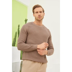 Bisiklet Yaka Selanik Örgü Pamuklu Erkek Vizon Triko Kazak