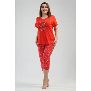 Pamuklu Kadın Büyük Beden Kısa Kol Kaprili Pijama Takım
