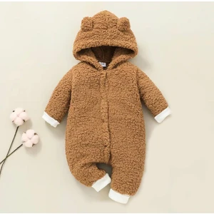 Kışlık Tatlı Kapşonlu Bebek Peluş Welsoft Tulum Kahverengi