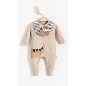 Dinazor Görselli ve Önlük Detaylı Bebek Tulum Bej