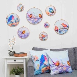 8Parça Yuvarlak Kasnak Tablo Seti,  Kuş Tablosu, Duvar Süsü, Suluboya, Soyut Resim