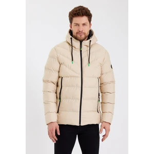 Yeni Sezon Erkek Krem Su ve Rüzgar Geçirmez Kapüşonlu Kalın Içi Kürklü Şişme Kaban&mont