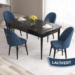 Concept Roz Serisi 80X132 Mdf Açılabilir Siyah Mermer Desen Mutfak Masası Takımı 4 Sandalye Gold Halkalı