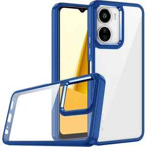 Case 4U Vivo Y16 Kılıf Kamera Çıkıntılı Arkası Kristal Şeffaf Hassas Tuşlu Renkli Kenarlı Flora Kapak Lacivert