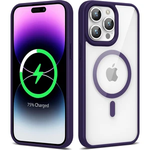 Case 4U Apple iPhone 14 Pro Max Magsafe Kılıf Renkli Kenar Şeffaf Magsafe Wireless Şarj Destekli Ege Kapak Derin Mor