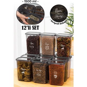 Beyaz Serigrafi Etiketli 12LI Peggy Dikdörtgen Saklama Kabı Seti 1500 ml Antrasit