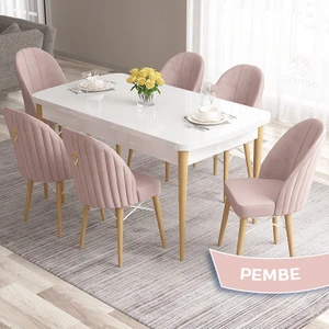 Concept Roz Serisi 80X132 Mdf Beyaz Mutfak Masası Takımı Beyaz Kafesli 6 Sandalye Gold Halkalı