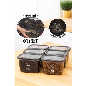 Beyaz Serigrafi Etiketli 6lı Peggy Dikdörtgen Saklama Kabı Seti 800 ml Antrasit