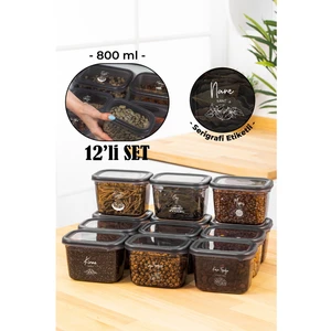 Beyaz Serigrafi Etiketli 12LI Peggy Dikdörtgen Saklama Kabı Seti 800 ml Antrasit