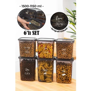 Beyaz Serigrafi Etiketli 6lı Peggy Dikdörtgen Saklama Kabı Seti 3X(1500-1150 Ml) Antrasit