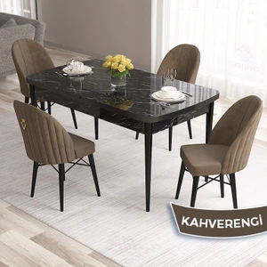 Concept Roz Serisi 80X132 Mdf Açılabilir Siyah Mermer Desen Mutfak Masası Takımı 4 Sandalye Gold Halkalı