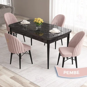 Concept Roz Serisi 80X132 Mdf Açılabilir Siyah Mermer Desen Mutfak Masası Takımı 4 Sandalye Gold Halkalı