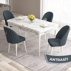 Concept Roz Serisi 80X132 Mdf Açılabilir Beyaz Mermer Desen Mutfak Masası Takımı 4 Sandalye Gold Halkalı