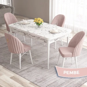 Concept Roz Serisi 80X132 Mdf Açılabilir Beyaz Mermer Desen Mutfak Masası Takımı 4 Sandalye Gold Halkalı