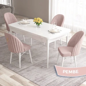 Concept Roz Serisi 80X132 Mdf Açılabilir Beyaz Mutfak Masası Takımı 4 Sandalye Gold Halkalı