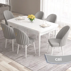 Concept Roz Serisi 80X132 Mdf Açılabilir Beyaz Mutfak Masası Takımı 6 Sandalye Gold Halkalı