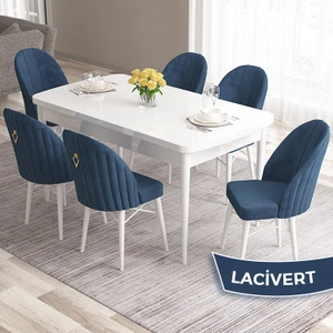 Concept Roz Serisi 80X132 Mdf Açılabilir Beyaz Mutfak Masası Takımı 6 Sandalye Gold Halkalı