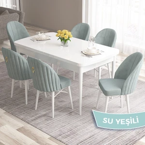 Concept Roz Serisi 80X132 Mdf Açılabilir Beyaz Mutfak Masası Takımı 6 Sandalye Gold Halkalı