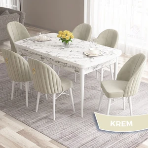 Concept Roz Serisi 80X132 Mdf Açılabilir Beyaz Mermer Desen Mutfak Masası Takımı 6 Sandalye Gold Halkalı