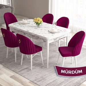 Concept Roz Serisi 80X132 Mdf Açılabilir Beyaz Mermer Desen Mutfak Masası Takımı 6 Sandalye Gold Halkalı