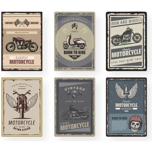 Trend Poster Motorsiklet Motorcu 6'lı Duvar Tablosu Retro Ahşap Poster