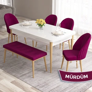 Concept Roz Serisi 80X132 Mdf Beyaz Mutfak Masası Takımı Beyaz Kafesli 4 Sandalye 1 Bench
