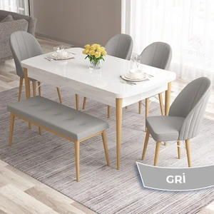 Concept Roz Serisi 80X132 Mdf Beyaz Mutfak Masası Takımı Beyaz Kafesli 4 Sandalye 1 Bench