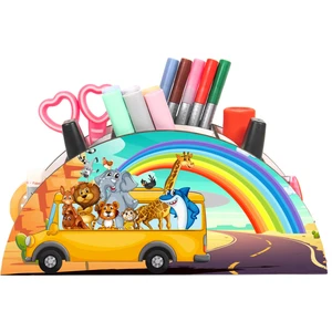 Ahşap Vip Hayvanlar Otobüste Gökkuşağı Cetvelli Masaüstü Kalemlik Çocuklar Için Organizer Notpavip4