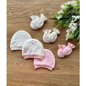 Renkli Puset Penye 3'lü Şapka 3'lü Eldiven Bebek Takım Puan