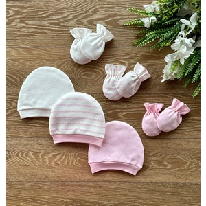 Renkli Puset Penye 3'lü Şapka 3'lü Eldiven Bebek Takım Çizgi