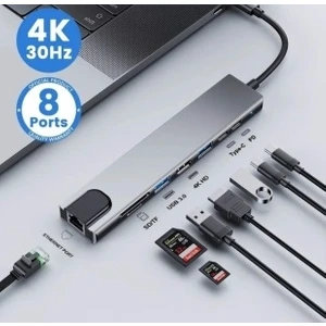 Macbook Pro Air Uyumlu USB Type-C 8 Hub Dönüştürücü Çevirici Çoklayıcı USB Hdmı Micro Sd 8 Girişli