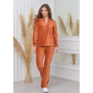 V Yakalı Önü Açık Fitilli Kadife Bluz Kiremit Rengi