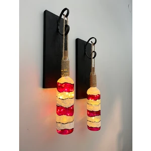 Mes Reves Design LED Işıklı Ahşap Kırmızı Renkli Vitray Cam Salon Bar Bahçe Dekoru Şarap Şişesi Duvar Aplik 2'li Set