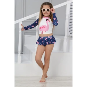 Podium Giyim Trend Flamingo Desenli Güneş Koruma Uzun Kol Crop Üst Mini Etek Bikini Altı Fırfırlı Bikini Takımı