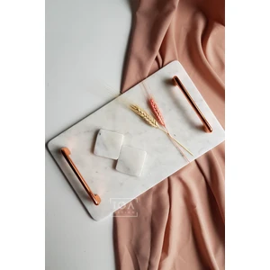 IOA Design Nergis - Gerçek Mermer Söz/nişan Tepsisi (32X20 Cm) + 2 Adet Çıkarılabilir Yüzüklük - Rose Gold Kulp