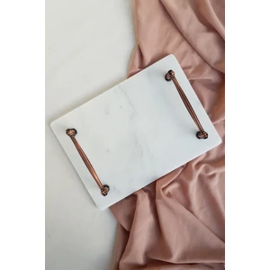 IOA Design Nergis Gerçek Ince Mermer Damat Kahvesi Tepsisi 28X20 cm - Eskitme Bakır Kulp