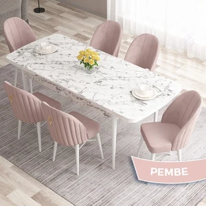 Concept Roz Serisi 80X132 Mdf Açılabilir Beyaz Mermer Desen Mutfak Masası Takımı 6 Sandalye Gold Halkalı