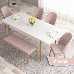 Concept Roz Serisi 80X132 Mdf Beyaz Mutfak Masası Takımı Beyaz Kafesli 4 Sandalye 1 Bench