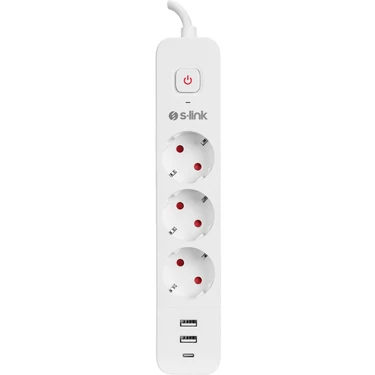 S-link SPG03TC 2 Usb +1Type C 5V2.4A 1.5m 3x1.00mm 100% Bakır 750 Joule 3 lü Anahtarlı Akım