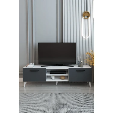 İzco Design Model Efes TV Ünitesi 150 cm – 2 Kapaklı Raflı Beyaz Gövde TV Sehpası | Antrasit TV