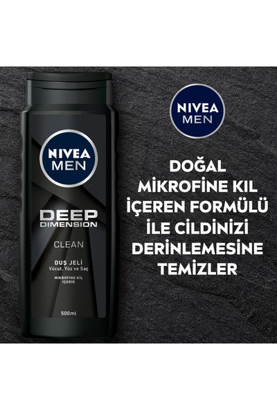 NIVEA Men Deep Dimension Duş Jeli 500ml, 3'ü 1 Arada Komple Bakım, Vücut, Saç ve Yüz için, Çekici Koku