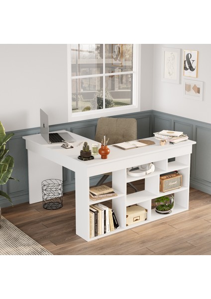 Tywin Kitaplık Raflı Çalışma Masası Beyaz