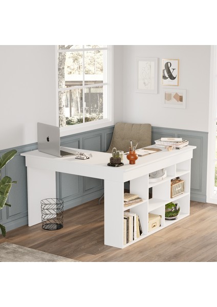 Tywin Kitaplık Raflı Çalışma Masası Beyaz fırsatları
