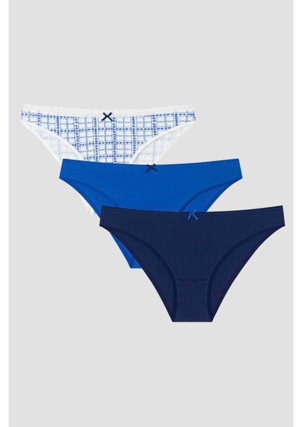 Mavi Çiçekli Kareli 3lü Soft Pointel Slip Külot