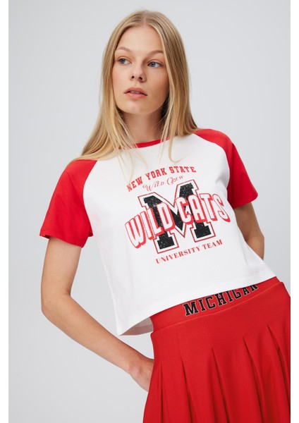 Baskılı Reglan Kol Crop T-Shırt