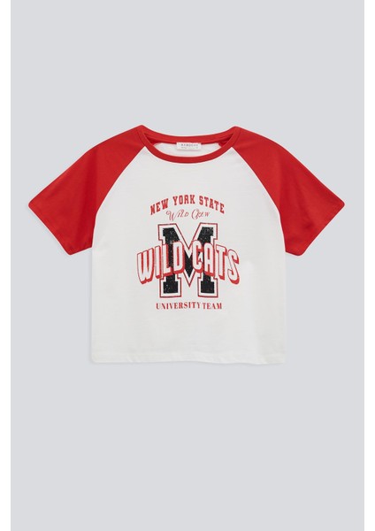 Baskılı Reglan Kol Crop T-Shırt indirimleri