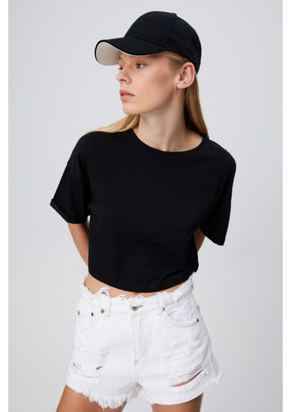 Kol Ucu Katlamalı Crop T-Shırt