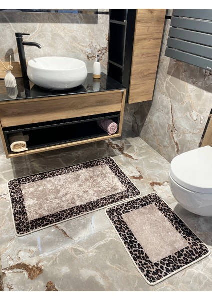2'li Leoar Desen Banyo Paspası - Kahverengi Ebat (60X100 - 60X50)