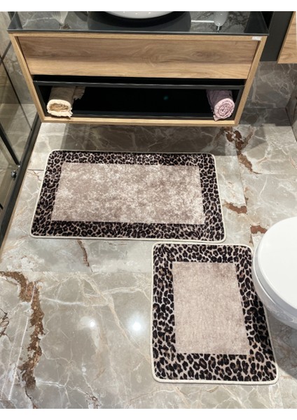 2'li Leoar Desen Banyo Paspası - Kahverengi Ebat (60X100 - 60X50)